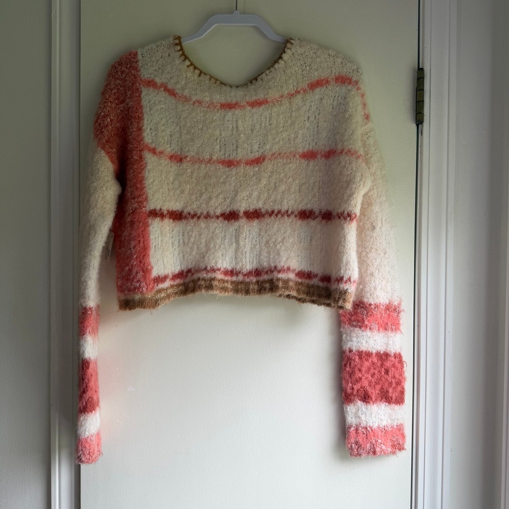 Free People Champagne Dream Comb Fuzzy Striped Cropped Sweater XS OB1530920 - Picture 6 of 8
